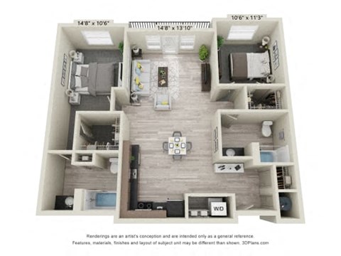 Floor plan for 2 beds, 2 baths, 1090 sqft